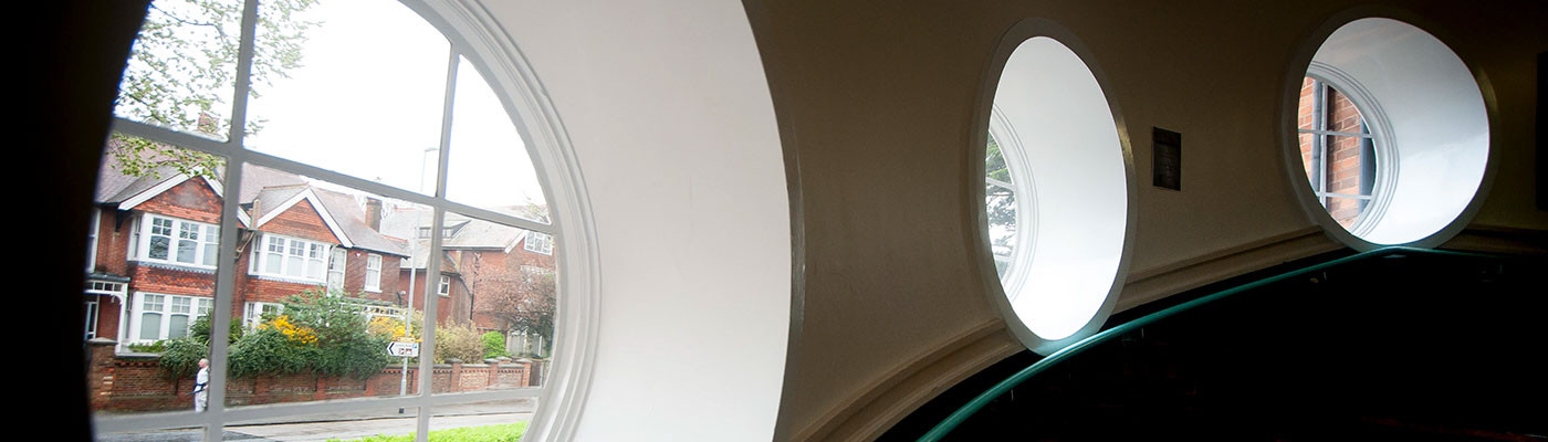 A photo of the round windows in the Main Building