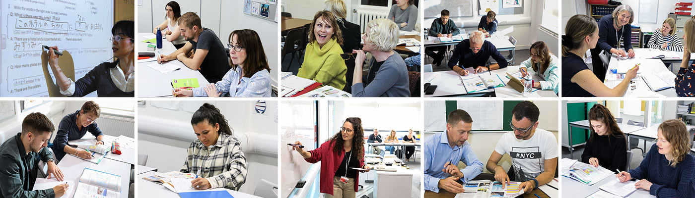 A collage of photos of people attending adult evening language classes  