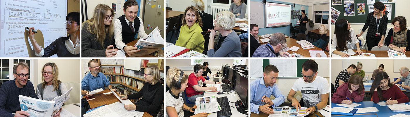 A collage of photos of people attending adult evening language classes