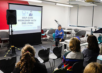 Comedian Zoe Lyons and mentoring charity Flourish Mentors came in to speak about wellbeing and self-care to our female and non-binary students, this images links to the news item.