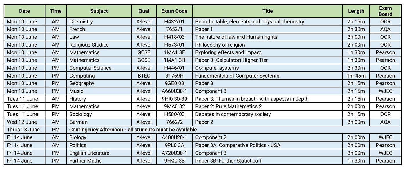 BHASVIC Summer Exams Calendar - 2024