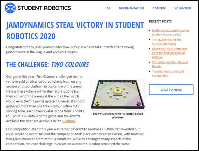 Congratulations to BHASVIC student Alex Marshall for winning the Student Robotics Competition with his team ‘JAMDynamics’.