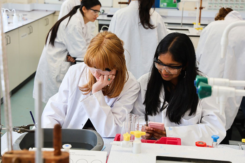 Sam and Abisha deep in thought whilst analysing their results.